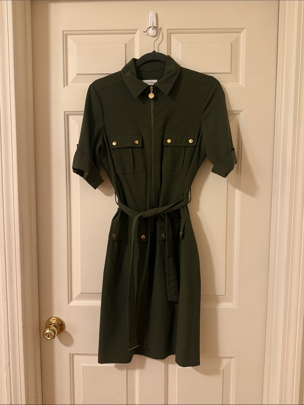 Calvin Klein Olive Green Short-Sleeve Zip Midi Dress